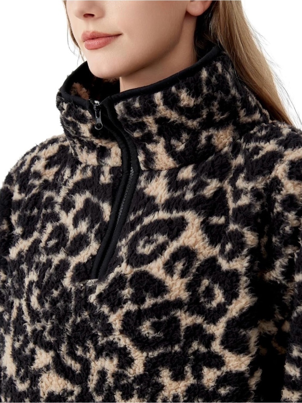 Women's Tan & Black Leopard Teddy Jacket - Cozy Half Zip Pullover - Picture 2 of 7